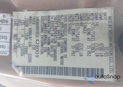 2005 Nissan Frontier Xe z USA, uszkodzony, nr VIN 1N6BD06T65C428009